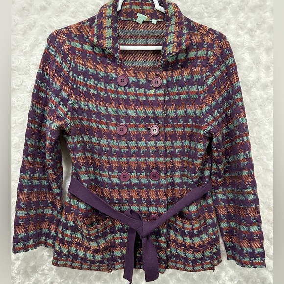 Shu-Shu Women's Multicolored Button Tie Waist Western Knit Jacket - Picture 3 of 12